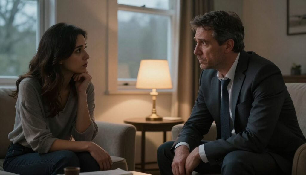 A somber yet intimate scene capturing two individuals engaged in a heartfelt conversation in a softly lit room. In the foreground, a middle-aged man in professional business attire, with a look of concern and sincerity on his face, leans slightly forward, his hands resting on a small table. Opposite him, a woman in modest casual clothing appears contemplative, her gaze focused on the man, reflecting a mix of vulnerability and hope. In the middle ground, a cozy armchair and a warm, inviting lamp create a gentle ambiance, while a window in the background reveals a dim, overcast day outside. The overall atmosphere is one of emotional depth and tension, emphasizing the challenges of communication after betrayal, with soft natural light casting gentle shadows that enhance the mood.