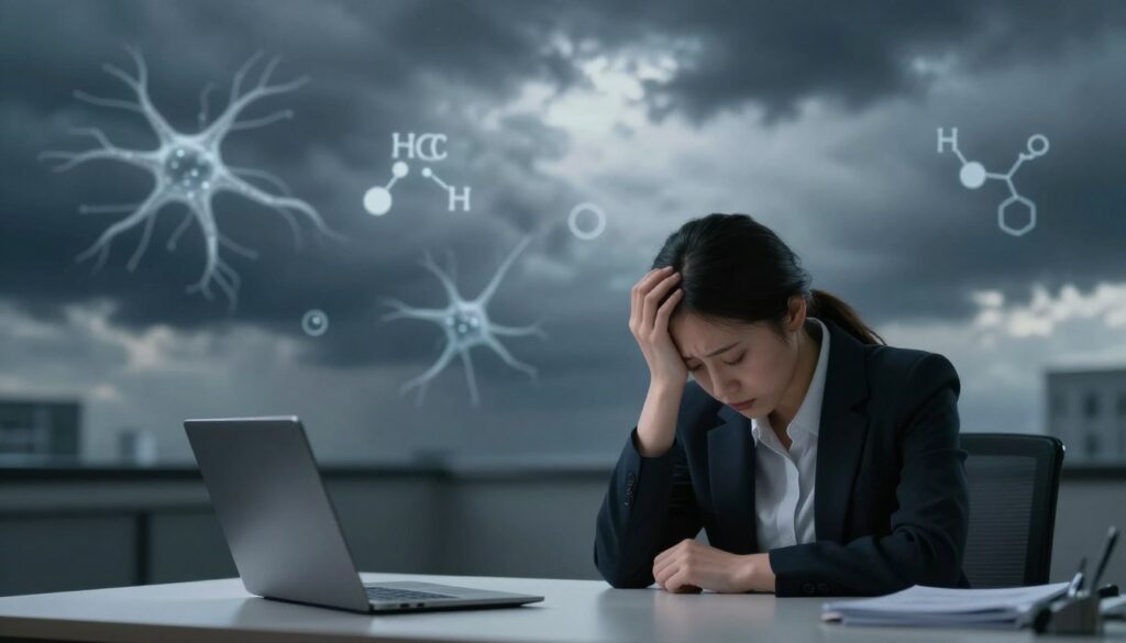 A somber yet thought-provoking scene illustrating the causes of depression. In the foreground, a person in professional attire sits at a desk, their head resting on their hand, embodying stress and fatigue. Their facial expression conveys a sense of despair. In the middle ground, abstract representations of biological elements—like neurons and chemical symbols—float, symbolizing the biological aspects of depression. In the background, a stormy sky with dark clouds looms, suggesting overwhelming stress and life experiences. Soft, diffused lighting creates a melancholic atmosphere, highlighting the weight of the subject. The perspective is slightly elevated, offering a clear view of the individual and the symbolic elements surrounding them, fostering a contemplative mood.