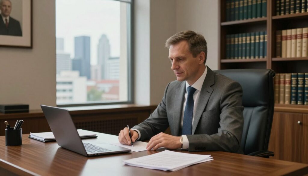 A sophisticated urban scene depicting a professional politician in a well-furnished office setting, reflecting the financial context of Bartosz Arłukowicz. In the foreground, a middle-aged man with an approachable yet professional demeanor, dressed in a tailored gray suit, sits at a polished wooden desk covered with documents and a laptop. In the middle, large windows reveal a panoramic view of the city skyline, suggesting wealth and prominence. The background includes tasteful artwork and bookshelves filled with legal texts and political biographies, enhancing the intellectual atmosphere. Soft, warm lighting casts gentle shadows, creating a contemplative mood. The overall scene conveys the seriousness of political life and financial responsibilities without distraction.
