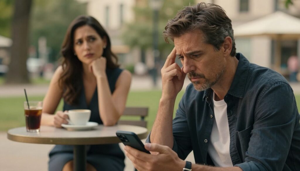 A split-image composition exploring the signs of infidelity in a relationship. In the foreground, a middle-aged man in a smart casual outfit, looking concerned, gazes at a phone displaying a distant message, reflecting anxiety. The middle section shows a woman in a professional dress, appearing distracted and avoiding eye contact during a conversation over coffee, indicating emotional distance. In the background, a soft-focus urban park scene conveys a sense of separation and uncertainty. The lighting is warm and subtle, with soft shadows casting an introspective mood. Use a cinematic lens to enhance the emotional depth, capturing the tension of mistrust in a serene yet charged environment. Aim for a balanced composition that highlights the complex emotions surrounding unfaithfulness without explicit imagery.