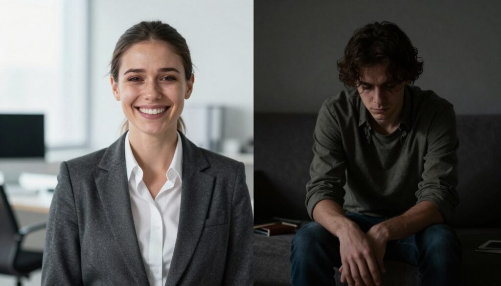 A split image depicting the contrast between narcissistic depression and typical depression. On the left, a person in professional business attire appears outwardly confident with an exaggerated smile, yet their eyes convey deep sorrow and isolation. The background is a bright, overly idealized office environment, symbolizing the facade of success. On the right, a person in modest casual clothing sits in a dimly lit, cluttered room, with a somber expression and a downcast gaze, surrounded by shadows that suggest emotional weight. The lighting is soft and somber on this side, with a muted palette to convey introspection and sadness. The overall atmosphere reflects the complexity of emotions, highlighting the stark differences between these two forms of depression. A split image depicting the contrast between narcissistic depression and typical depression. On the left, a person in professional business attire appears outwardly confident with an exaggerated smile, yet their eyes convey deep sorrow and isolation. The background is a bright, overly idealized office environment, symbolizing the facade of success. On the right, a person in modest casual clothing sits in a dimly lit, cluttered room, with a somber expression and a downcast gaze, surrounded by shadows that suggest emotional weight. The lighting is soft and somber on this side, with a muted palette to convey introspection and sadness. The overall atmosphere reflects the complexity of emotions, highlighting the stark differences between these two forms of depression.