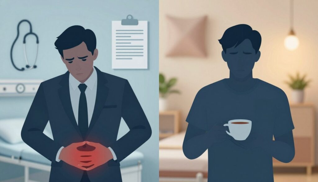 A split image illustrating the difference between stress-induced pain and pain requiring urgent diagnosis. In the foreground, visualize two human silhouettes: one with a concerned expression, clutching their abdomen, showcasing a subtle tension in their posture, dressed in professional attire. The other silhouette appears relaxed, holding a cup of tea, indicating stress relief. The middle ground features symbolic representations: a stethoscope and medical chart on one side for urgent care, and calming elements like a soft pillow and soothing plants on the other. The background blends contrasting environments: a sterile hospital setting on the urgent side and a serene, cozy room on the stress-relief side, illuminated by soft, warm lighting to create a calming atmosphere.