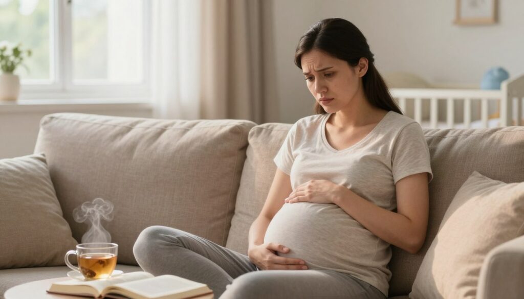 A stressed pregnant woman sitting on a comfortable couch in a softly lit living room, her facial expression showing a mix of worry and contemplation. She cradles her belly gently with one hand while the other is resting on her knee. In the foreground, a few scattered items like an open pregnancy book and a steaming cup of herbal tea can be seen, highlighting her attempt to relax. The middle ground features a serene window with soft curtains letting in warm natural light, suggesting a calm outside atmosphere contrasting with her inner turmoil. In the background, a faint outline of a nursery can be observed, filled with soft colors and baby essentials, symbolizing the future. The mood is a blend of tension and hope, capturing the emotional complexity of pregnancy stress. A stressed pregnant woman sitting on a comfortable couch in a softly lit living room, her facial expression showing a mix of worry and contemplation. She cradles her belly gently with one hand while the other is resting on her knee. In the foreground, a few scattered items like an open pregnancy book and a steaming cup of herbal tea can be seen, highlighting her attempt to relax. The middle ground features a serene window with soft curtains letting in warm natural light, suggesting a calm outside atmosphere contrasting with her inner turmoil. In the background, a faint outline of a nursery can be observed, filled with soft colors and baby essentials, symbolizing the future. The mood is a blend of tension and hope, capturing the emotional complexity of pregnancy stress.