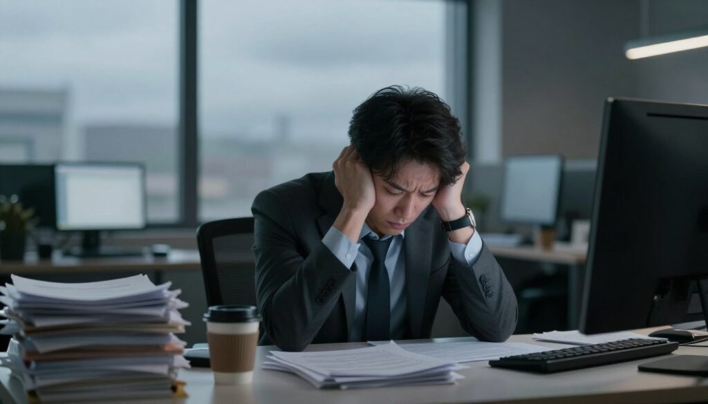 A stressed professional sitting at a cluttered desk, head resting on one hand, surrounded by stacks of paperwork, a coffee cup, and a flickering computer screen. The individual, wearing business attire, appears weary and overwhelmed, with a faint expression of frustration. In the middle ground, a large window reveals a gloomy, overcast sky, creating a somber atmosphere. Soft, diffused lighting from the window casts gentle shadows, enhancing the sense of fatigue. In the background, blurred outlines of office cubicles highlight the corporate environment. The overall mood is one of exhaustion and concern, capturing the essence of burnout intertwined with chronic stress.