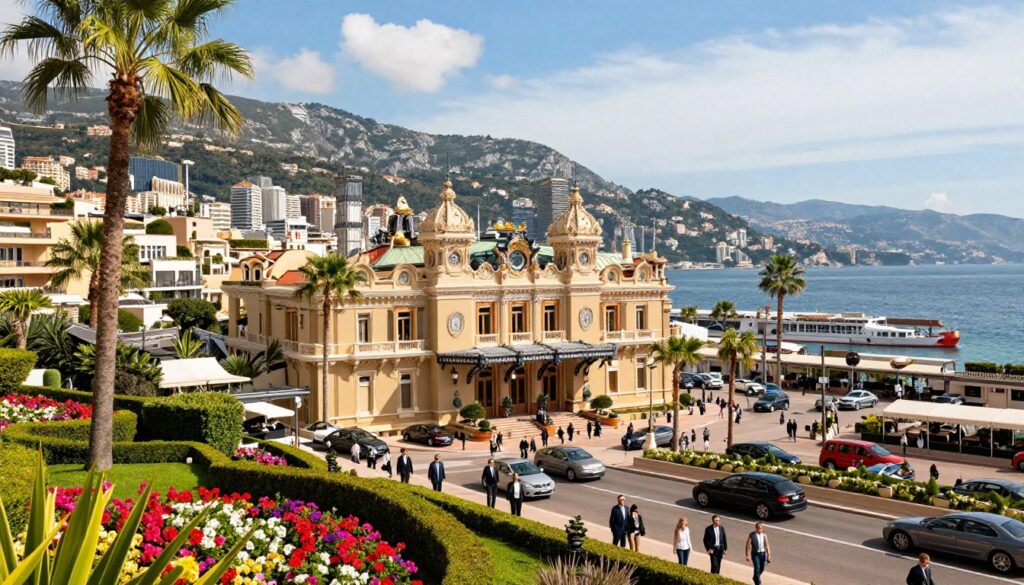 A stunning panoramic view of Monte Carlo, Monaco, featuring the iconic skyline with luxurious villas and the famous Monte Carlo Casino nestled against the backdrop of the Mediterranean Sea. In the foreground, beautifully manicured gardens with vibrant flowers and tall palm trees sway gently in a soft breeze. The midground showcases the bustling streets filled with elegant cars and pedestrians dressed in stylish business attire and casual wear, enjoying the sun. The background reveals steep mountains cloaked in lush greenery, under a bright blue sky with scattered clouds. The mood is vibrant and optimistic, conveying the essence of a thriving coastal city. The lighting is warm and inviting, reminiscent of a sunny day in spring, captured with a wide-angle lens for an expansive perspective.