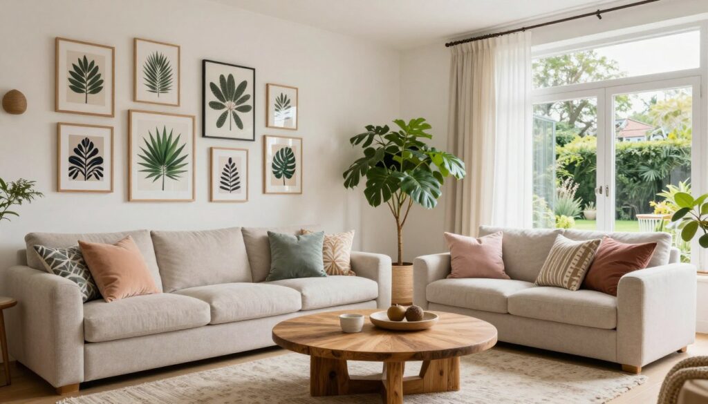 A stylish Scandinavian-bohemian interior with Art Deco influences, showcasing a cozy living room filled with soft, natural light. The foreground features a plush, neutral-toned sofa adorned with patterned throw pillows, a round coffee table made of reclaimed wood, and a textured rug. In the middle ground, a vibrant gallery wall displays an eclectic mix of art pieces, framed botanicals, and geometric prints. A large indoor plant adds a touch of greenery. The background reveals large windows with sheer curtains, framing a picturesque view of a garden outside. The color palette consists of warm whites, earthy tones, and pops of pastel colors, creating an inviting and harmonious atmosphere. The composition should evoke a sense of comfort and style, captured with soft lighting and a wide-angle lens.