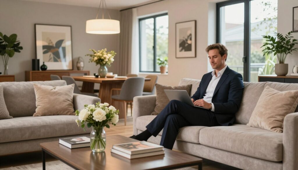 A stylish and inviting interior of a modern home reflecting a successful entrepreneur's lifestyle. In the foreground, a plush sofa with elegant pillows faces a sleek coffee table adorned with a few art books and a vase of fresh flowers. The middle ground features an open dining area with a contemporary wooden table surrounded by designer chairs, illuminated by a modern chandelier. Subtle decor elements, such as framed art and greenery, add personality and vibrancy. In the background, large windows allow natural light to flood the space, highlighting tasteful details like a sophisticated color palette of earthy tones and soft textures. The atmosphere feels warm and inviting, embodying a blend of professionalism and comfort, suitable for both relaxation and business discussions. The image should exude an upscale yet homely vibe, captured in soft, diffused lighting with a slight depth of field effect.