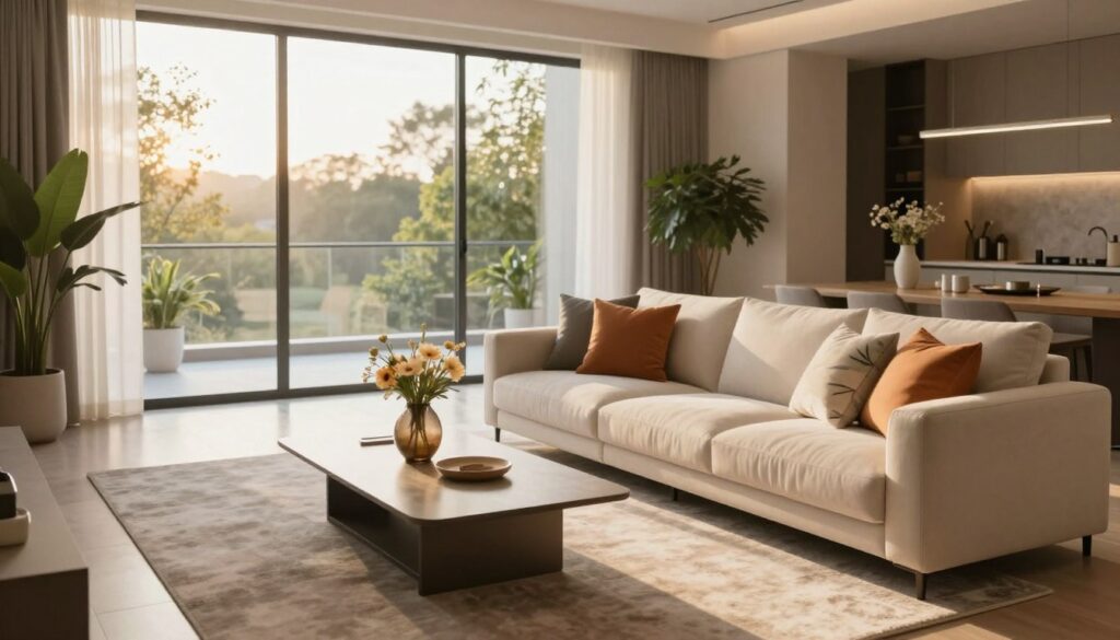 A stylish and inviting modern living room interior that showcases a blend of contemporary design elements. In the foreground, a plush, light-colored sofa adorned with colorful throw pillows sits invitingly, surrounded by a sleek coffee table holding a decorative vase with fresh flowers. The middle ground features a stylish rug underfoot, while floor-to-ceiling windows in the background allow ample natural light to flood the space, highlighting the soft textures and warm tones of the décor. Subtle greenery from potted plants adds life to the room, contributing to an atmosphere of tranquility and elegance. The scene is bathed in golden hour lighting, creating a cozy yet sophisticated mood, captured from a slightly elevated angle to emphasize depth and spaciousness.