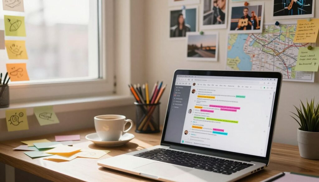 A stylish digital workspace filled with vibrant visuals, cluttered but organized. In the foreground, a laptop screen displays a social media feed with multicolored comments and tags popping up, hinting at speculation and discussion. To the left, a collection of sticky notes with doodles and annotations scatter around a cozy desk with a coffee cup. The middle ground features a window with soft, warm sunlight streaming in, illuminating the space and casting gentle shadows. In the background, a wall filled with pinned photos and maps reflects a mix of inspiration and intrigue. The atmosphere is engaging yet calm, suggesting creativity and curiosity in the quest for knowledge. Shot with a soft focus, aiming for an inviting, intimate ambiance.