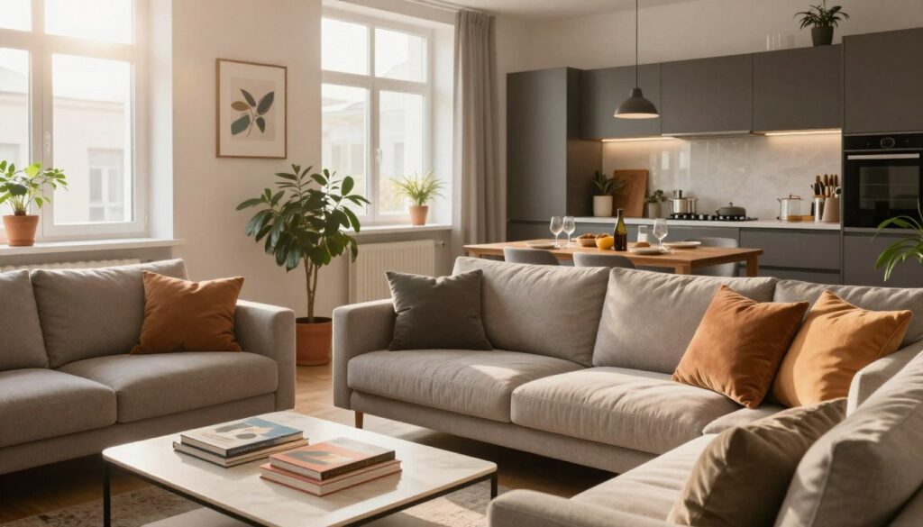A stylish, modern apartment in Warsaw featuring a cozy living room with large windows letting in soft, warm sunlight. In the foreground, a comfortable sofa adorned with plush cushions, and a chic coffee table with a few art books. The middle area showcases an elegant dining space with a wooden table set for a casual meal, hints of greenery from potted plants around. The background reveals a contemporary kitchen with sleek cabinetry and tasteful decor. The overall atmosphere is inviting and artistic, reflecting a personal yet sophisticated space. The image captures a feeling of tranquility and creativity, with a slight lens flaring to enhance the warmth and charm of this vibrant living environment. A stylish, modern apartment in Warsaw featuring a cozy living room with large windows letting in soft, warm sunlight. In the foreground, a comfortable sofa adorned with plush cushions, and a chic coffee table with a few art books. The middle area showcases an elegant dining space with a wooden table set for a casual meal, hints of greenery from potted plants around. The background reveals a contemporary kitchen with sleek cabinetry and tasteful decor. The overall atmosphere is inviting and artistic, reflecting a personal yet sophisticated space. The image captures a feeling of tranquility and creativity, with a slight lens flaring to enhance the warmth and charm of this vibrant living environment.