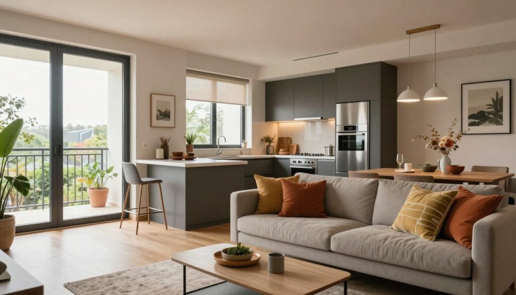 A stylish modern apartment showcasing a blend of contemporary design and cozy elements, featuring an open-plan living space with large windows that let in natural light. The foreground includes a sleek sofa adorned with colorful cushions and a minimalist coffee table. In the middle ground, a well-organized kitchen with stainless steel appliances and tasteful decor, reflecting a balanced lifestyle. The background showcases a balcony with greenery peeking in, offering a hint of the outdoors. The lighting is warm and inviting, creating a serene atmosphere. The image should evoke a sense of comfort and style, capturing the essence of a public persona while maintaining a personal touch. Ideal for a visually appealing article representation.