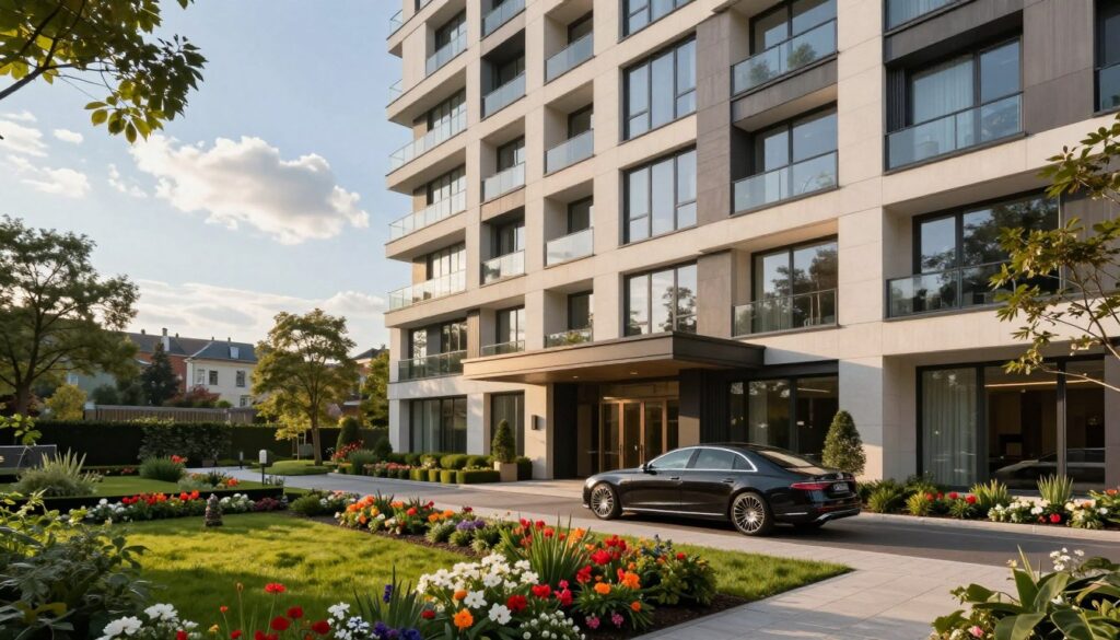 A stylish residential building in Warsaw's upscale district, showcasing modern architecture with large glass windows and elegant balconies. The foreground features a well-manicured garden with vibrant flowers and walking paths. In the middle ground, a sleek luxury car is parked near the entrance of the building, adding a touch of sophistication. The background offers a clear blue sky with soft, fluffy clouds, enhancing the scene's tranquility. The lighting is warm and inviting, suggesting a pleasant afternoon. The angle captures the entrance of the residence, focusing on the architectural details, while ensuring there are no people present in the scene. The overall mood is one of elegance and exclusivity, suitable for illustrating the topic of Julia Wieniawa's residence.