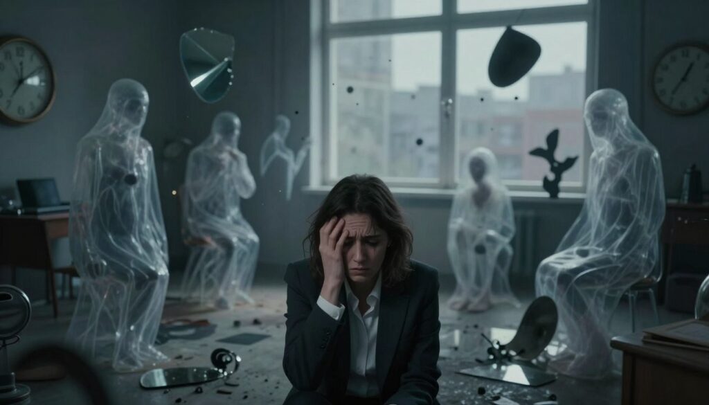 A surreal and thought-provoking depiction of "urojenia" associated with psychotic symptoms in depression. Foreground: a person in professional attire, with an expression of confusion and distress, appears immersed in a chaotic swirl of shadows and abstract shapes symbolizing thoughts and delusions. Middle ground: a dimly lit room filled with transparent, ghostly figures representing internal struggles, blended with surreal elements like distorted clocks and fragmented mirrors. Background: a muted, blurred cityscape outside a window, hinting at isolation. Soft, dramatic lighting casts shadows that enhance the somber mood, while a wide-angle perspective emphasizes the overwhelming nature of the scene, capturing a deep sense of emotional turmoil and the urgency for awareness. A surreal and thought-provoking depiction of "urojenia" associated with psychotic symptoms in depression. Foreground: a person in professional attire, with an expression of confusion and distress, appears immersed in a chaotic swirl of shadows and abstract shapes symbolizing thoughts and delusions. Middle ground: a dimly lit room filled with transparent, ghostly figures representing internal struggles, blended with surreal elements like distorted clocks and fragmented mirrors. Background: a muted, blurred cityscape outside a window, hinting at isolation. Soft, dramatic lighting casts shadows that enhance the somber mood, while a wide-angle perspective emphasizes the overwhelming nature of the scene, capturing a deep sense of emotional turmoil and the urgency for awareness.