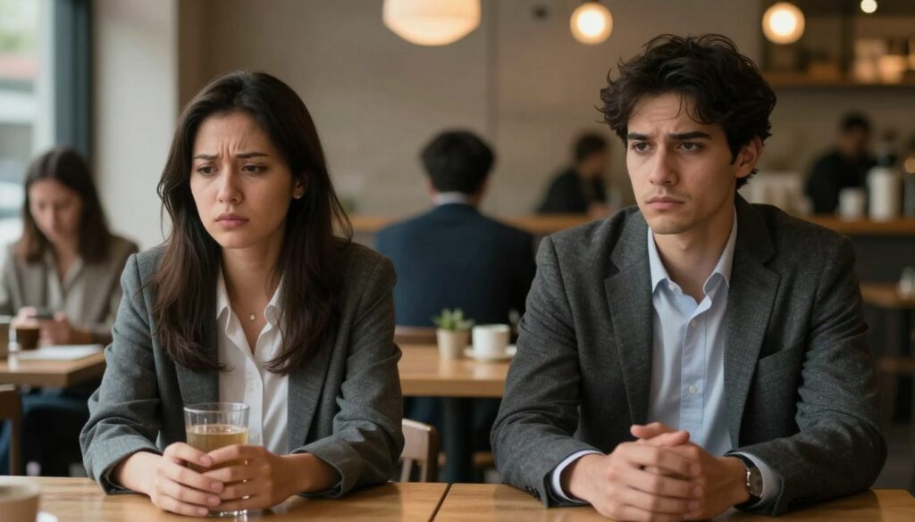 A tense and somber scene captures the essence of relational distrust. In the foreground, a couple sits at a small café table, each lost in thought. The man, dressed in a stylish yet composed outfit, exhibits a cold expression, staring blankly at his drink. The woman, in modest business attire, looks concerned with furrowed brows, her hands clenched on the table. In the middle ground, the warm glow of the café lighting contrasts with their emotional distance, enhancing the mood of unease. In the background, blurred figures of other patrons go about their day, creating a sense of isolation for the couple. The camera angle is slightly elevated, focusing on their expressions, conveying the weight of unspoken words and the sudden shift in their usual dynamic. The atmosphere is heavy with emotional tension, reflecting confusion and anxiety.