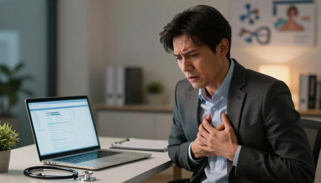 A tense, dramatic scene depicting a professional adult, dressed in business attire, grasping their chest with a look of concern, symbolizing anxiety and stress. In the foreground, the individual stands in a softly lit, modern office space, with an anxious expression on their face, capturing the alarm of potential health issues. In the middle ground, an open laptop displaying medical information adds context, while a stethoscope rests beside it. The background shows a blurred view of healthcare-related imagery, enhancing the focus on the individual. The lighting is warm yet slightly dim, creating an atmosphere of urgency and seriousness, highlighting the emotional weight of the situation.