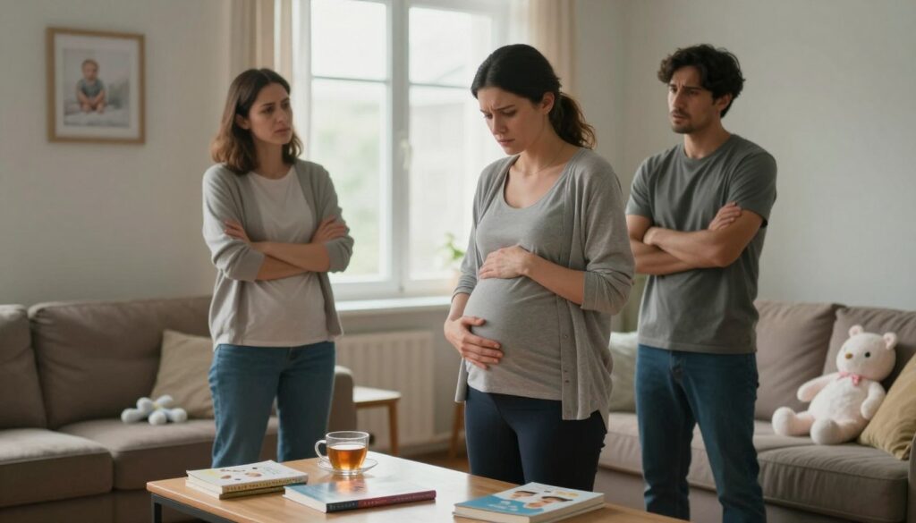 A tense moment between a pregnant woman and her partner, both in casual yet modest clothing, standing in a softly lit living room. The woman has a hand on her belly, conveying mixed emotions of concern and frustration, while the man appears anxious, with his arms crossed. The foreground shows a coffee table with scattered parenting books and a half-drunk cup of tea, hinting at a serious discussion. In the middle ground, a large window allows soft, natural light to filter in, creating a warm but tense atmosphere. The background features a couch with a few baby items on it, suggesting the impending arrival of their child. The overall mood is one of stress and communication challenges faced during pregnancy, set in a relatable domestic environment.
