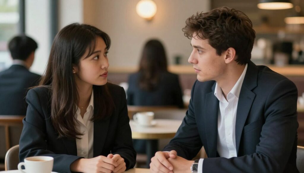 A thought-provoking scene symbolizing the concept of relationship boundaries, featuring two individuals in professional business attire engaged in a deep conversation. In the foreground, a woman with long dark hair and a man with short brown hair are sitting at a café table, leaning slightly towards each other, displaying curiosity and openness. The middle ground shows a blurred yet inviting café environment with soft, warm lighting, enhancing the intimate yet public setting. In the background, silhouettes of other patrons can be seen engaged in their own conversations. The atmosphere is contemplative and respectful, embodying the complexity of perceptions regarding flirting and boundaries in relationships, focusing on the nuances of personal interactions without conveying any suggestive tones.