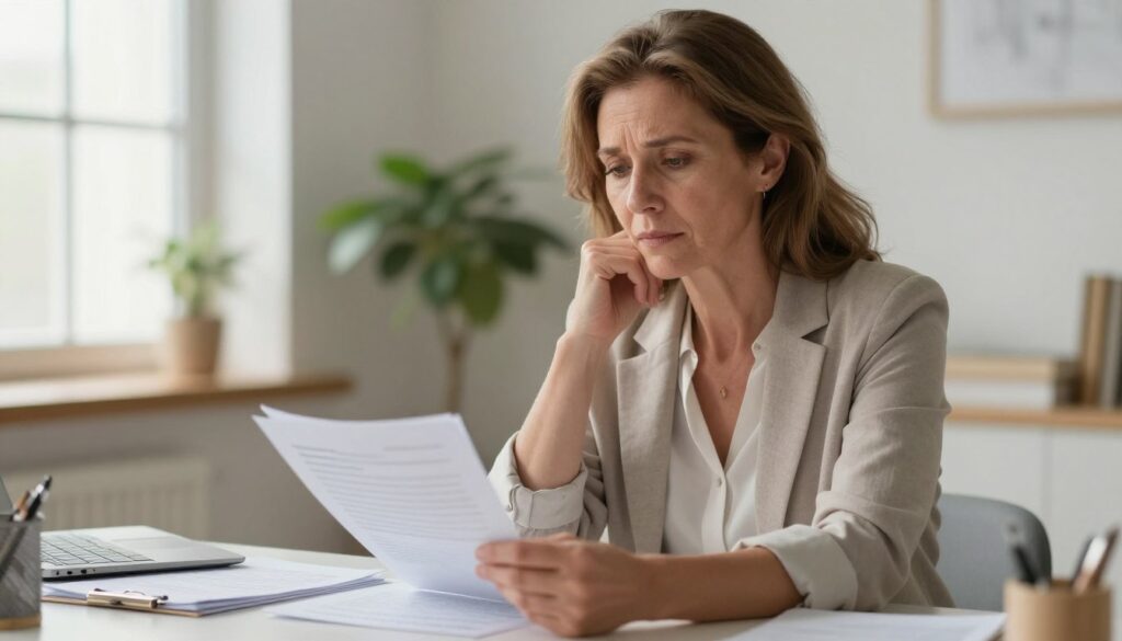 A thoughtful and serene depiction of a middle-aged woman sitting at a desk, contemplating the complexities of perimenopause and its impact on fertility. She is dressed in professional attire, embodying a mix of concern and determination. The foreground features a close-up of her hands, holding a stack of medical books and notes related to reproductive health, symbolizing research and awareness. In the middle ground, a gentle light filters through a window, casting soft shadows, creating a warm and reflective atmosphere. The background includes a potted plant and a calm, organized workspace, suggesting stability and a pursuit of knowledge. The overall mood should be one of introspection and empowerment, highlighting the interplay between age, fertility, and wellness, with a focus on natural, inviting colors.