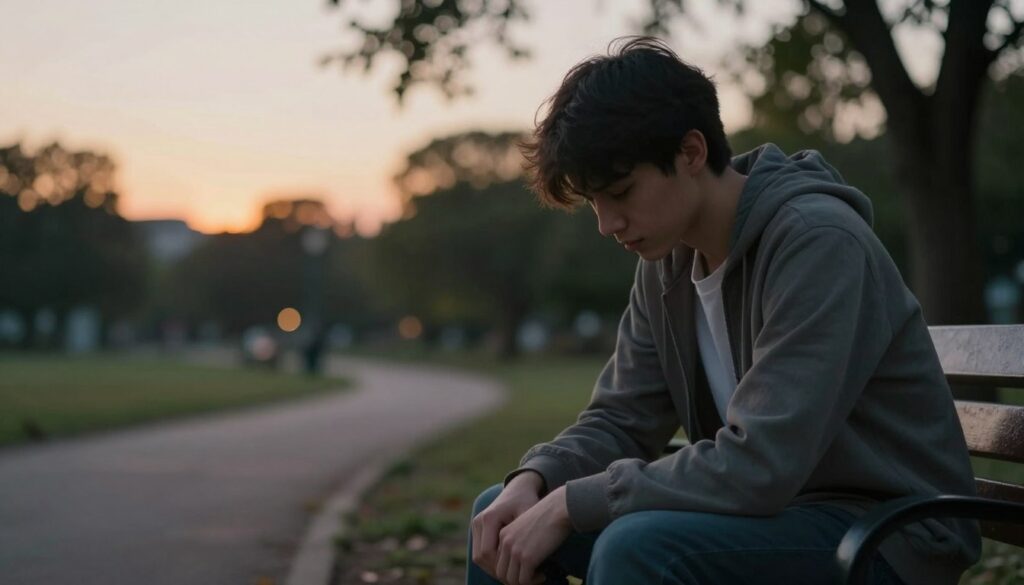 A thoughtful composition illustrating the themes of depression and temporary crisis. In the foreground, a pensive young adult sitting on a bench, dressed in modest casual clothing, gazing down introspectively. The middle ground features a blurred park setting, with softly illuminated trees and a winding path, symbolizing the journey of self-reflection. In the background, a muted sunset casts warm tones across the sky, enhancing the reflective mood. Soft natural lighting creates a serene atmosphere, with subtle shadows that evoke a sense of solitude. The angle is slightly elevated to capture both the subject's expression and the comforting surroundings, symbolizing hope and introspection. The overall mood is contemplative, inviting the viewer to recognize and empathize with the signs of emotional struggle.
