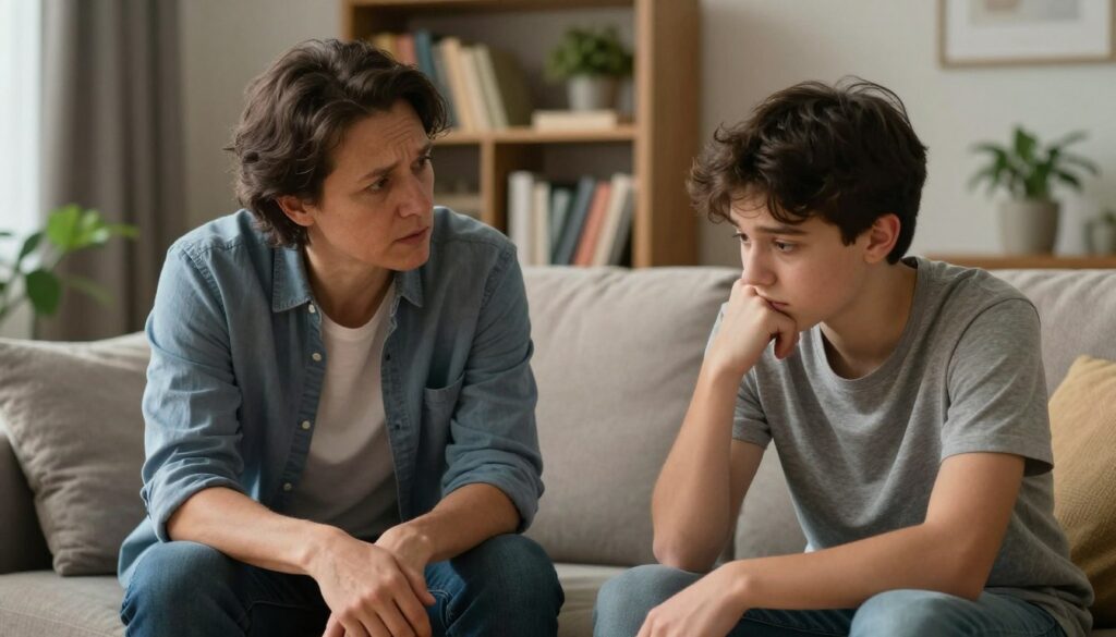 A thoughtful conversation scene depicting a parent and a teenager sitting together in a cozy living room. The parent, a middle-aged individual in casual but neat clothing, is leaning slightly forward with a concerned yet empathetic expression, fostering a sense of understanding. The teenager, wearing modest casual attire, appears vulnerable yet open, reflecting the complexities of discussing depression. Warm, soft lighting creates an inviting atmosphere, highlighting the connection between them. In the background, a bookshelf filled with supportive resources and potted plants adds warmth and depth to the scene. The overall mood is one of compassion, safety, and dialogue, illustrating the subtle mistakes parents can make and the importance of repairing communication without judgment.