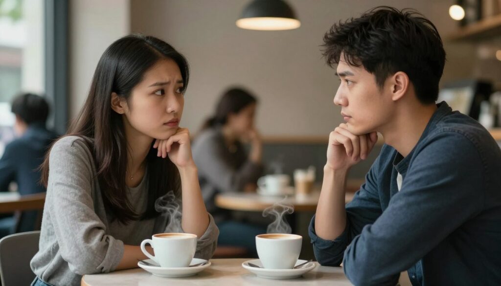 A thoughtful couple sitting across from each other at a small table in a cozy café, both appearing contemplative and engaged in a serious conversation. The foreground features steaming cups of coffee, symbolizing warmth and connection amid tension. In the middle, the couple’s facial expressions reflect introspection and vulnerability, showcasing the complexities of their relationship. The background includes soft, muted colors of the café, with warm lighting creating an inviting atmosphere, and blurred silhouettes of other patrons enjoying their time subtly indicating a bustling life outside their conversation. The lens should have a shallow depth of field to emphasize the couple while providing an overall sense of intimacy and reflection. The mood is serious yet hopeful, evoking the idea of decision-making and emotional investment in their relationship.