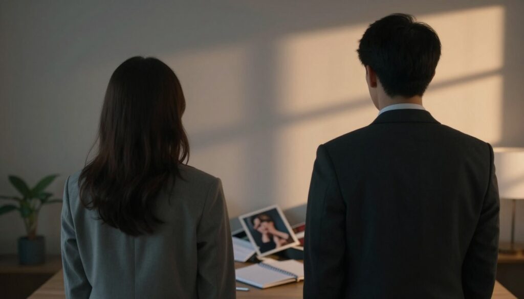 A thoughtful, intimate scene depicting the emotional impact of betrayal in a relationship. In the foreground, two individuals, a man and a woman, stand with their backs to each other, dressed in professional business attire, showcasing the distance between them. The middle ground features a scattered set of personal items, symbolizing shared memories, like a photograph and a notebook, hinting at their past connection. The background is a softly lit room with muted colors, enhancing the somber mood, with shadows casting across the wall, representing lost trust. The composition captures a poignant atmosphere of heartbreak and contemplation, inviting the viewer to reflect on the emotional nuances of infidelity. The lighting is warm yet dim, reminiscent of sunset, conveying a sense of longing and unresolved feelings.