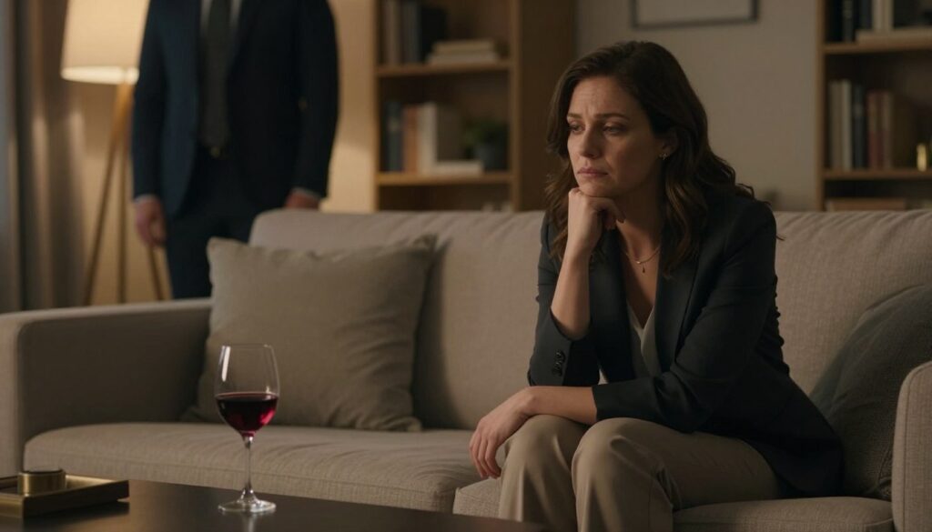 A thoughtful scene depicting a woman in a cozy, softly lit living room, sitting on a comfortable couch with a pensive expression. She wears elegant, professional attire, suggesting a moment of reflection. In the foreground, there is a half-empty glass of red wine on a stylish coffee table, symbolizing contemplation. In the middle ground, a subtle shadow of a man stands nearby, partially obscured, representing the underlying tension without direct confrontation. The background features a softly illuminated bookshelf and warm ambient lighting to create an intimate yet somber atmosphere. The overall mood is introspective, highlighting the emotional complexity surrounding infidelity, while remaining tasteful and sensitive. A thoughtful scene depicting a woman in a cozy, softly lit living room, sitting on a comfortable couch with a pensive expression. She wears elegant, professional attire, suggesting a moment of reflection. In the foreground, there is a half-empty glass of red wine on a stylish coffee table, symbolizing contemplation. In the middle ground, a subtle shadow of a man stands nearby, partially obscured, representing the underlying tension without direct confrontation. The background features a softly illuminated bookshelf and warm ambient lighting to create an intimate yet somber atmosphere. The overall mood is introspective, highlighting the emotional complexity surrounding infidelity, while remaining tasteful and sensitive.