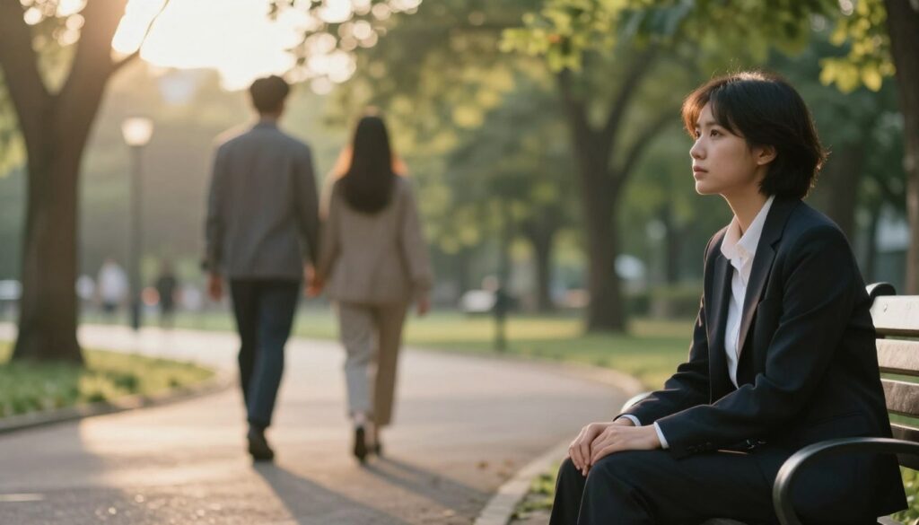 A thoughtful scene depicting the moment of reflection on forgiveness after betrayal. In the foreground, a person sitting on a park bench, dressed in professional business attire, with a contemplative expression. In the middle ground, a blurred image of two figures walking away, symbolizing separation and the decision to part ways. The background features a serene park landscape, with soft-focus trees and gentle sunlight filtering through the leaves, casting dappled shadows. The atmosphere is calm yet introspective, evoking a sense of hope and complexity in the journey of forgiveness. The lighting is warm, suggesting a peaceful evening, with a slight lens flare for a touch of warmth and emotion.