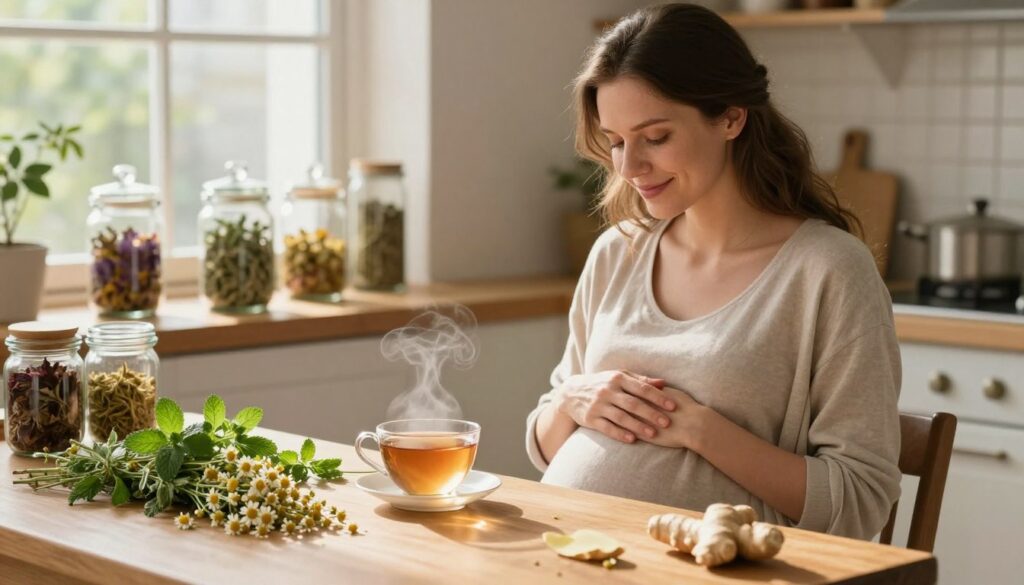 A tranquil herbal tea scene featuring a serene, pregnant woman in modest casual attire, gently cradling her baby bump while seated at a wooden table in a beautifully lit kitchen. The table is adorned with an array of fresh herbs such as chamomile, peppermint, and ginger, alongside a steaming cup of herbal tea. In the background, sunlight filters through a window, illuminating delicate glass jars filled with various dried herbs and flowers, adding a warm, inviting atmosphere. The overall mood is peaceful and nurturing, capturing the essence of herbal teas that are considered safe during pregnancy. The focus is on the woman’s gentle smile, conveying calmness and health, with soft, natural lighting enhancing the scene's comforting vibe. A tranquil herbal tea scene featuring a serene, pregnant woman in modest casual attire, gently cradling her baby bump while seated at a wooden table in a beautifully lit kitchen. The table is adorned with an array of fresh herbs such as chamomile, peppermint, and ginger, alongside a steaming cup of herbal tea. In the background, sunlight filters through a window, illuminating delicate glass jars filled with various dried herbs and flowers, adding a warm, inviting atmosphere. The overall mood is peaceful and nurturing, capturing the essence of herbal teas that are considered safe during pregnancy. The focus is on the woman’s gentle smile, conveying calmness and health, with soft, natural lighting enhancing the scene's comforting vibe.