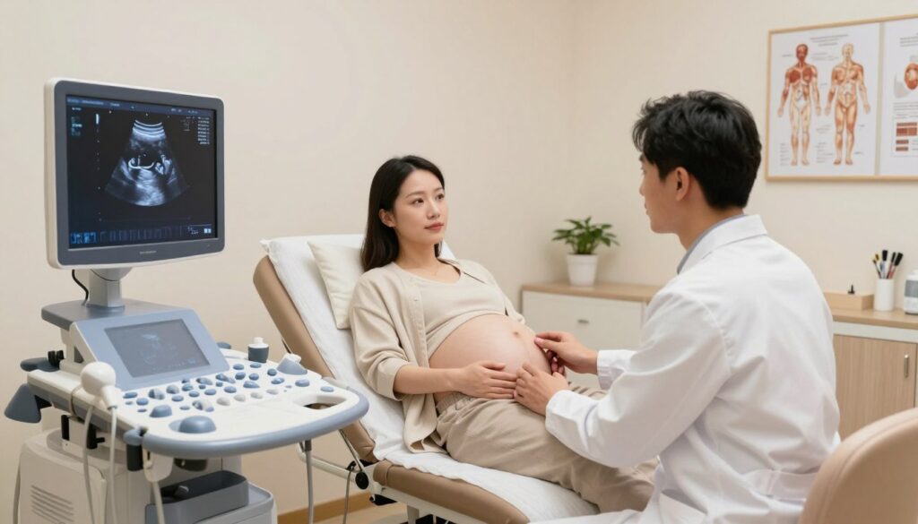 A tranquil medical setting showcasing a prenatal ultrasound room. In the foreground, a modern ultrasound machine displays a clear image of a 12-week fetus on the monitor. A focused healthcare professional, dressed in a white lab coat, gently interacts with a patient. The patient, wearing modest casual clothing, appears calm and attentive. In the middle, a cozy exam table with soft linens and a couple of anatomical drawings on the wall. The background features soft, diffused lighting to create a serene atmosphere, emphasizing the caring environment of prenatal care. A minimalist, clean design with medical instruments neatly arranged conveys professionalism and comfort, evoking trust and reassurance about genetic ultrasound procedures.