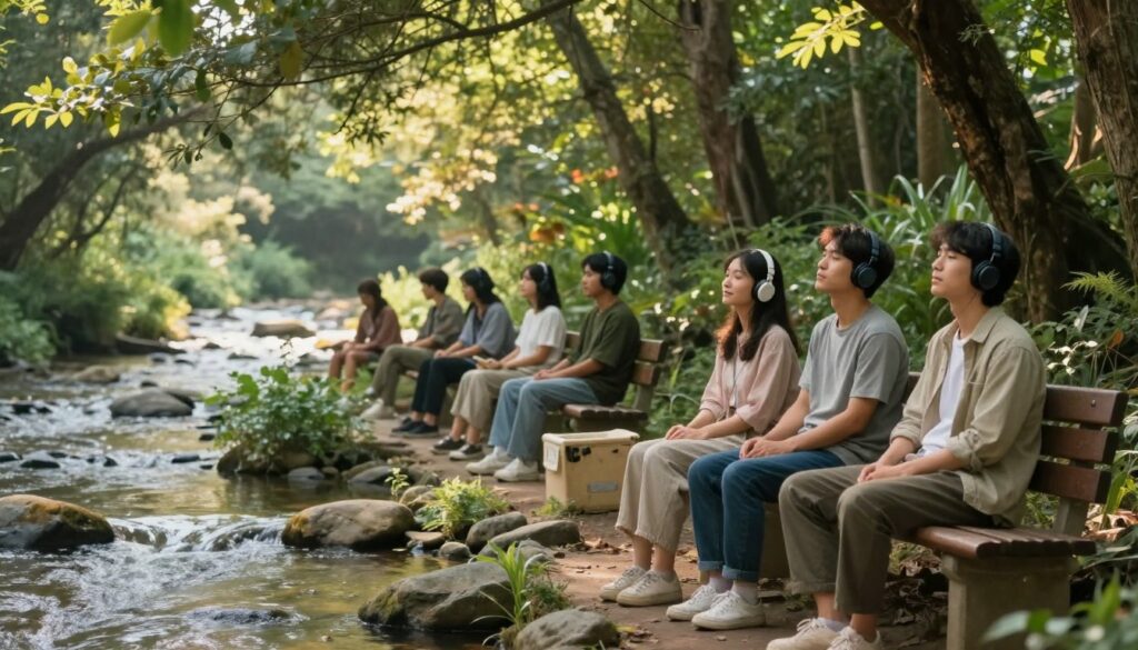 A tranquil scene depicting a serene environment to evoke relaxation through music. In the foreground, a gently flowing river with smooth stones and soft greenery suggests calmness; a wooden bench is placed nearby, inviting contemplation. In the middle, a diverse group of two people, a man and a woman dressed in modest casual clothing, are listening to music on headphones, their expressions reflecting peace and solace. The background features a lush forest with dappled sunlight filtering through the leaves, creating a warm and inviting atmosphere. Soft, diffused lighting enhances the soothing ambiance. Capture this scene from a slightly elevated angle to incorporate the natural beauty surrounding the subjects, conveying a sense of harmony and relief from stress and anxiety.