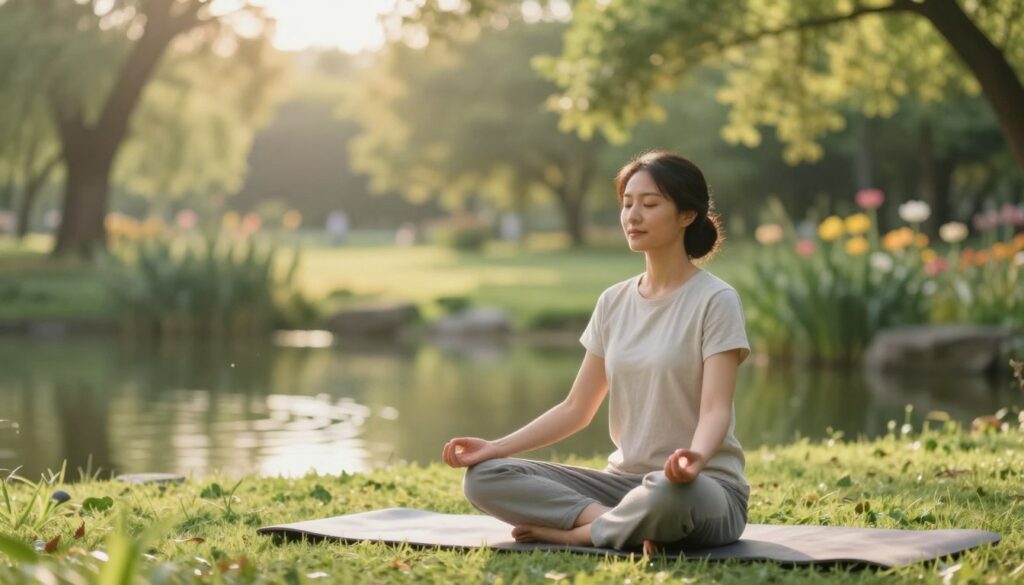 A tranquil scene of a person practicing meditation in a serene outdoor environment, surrounded by lush greenery and soft, diffused sunlight filtering through trees. The foreground features a calm individual sitting cross-legged on a yoga mat, wearing comfortable, modest casual clothing. Their expression is peaceful and focused, embodying mindfulness. In the middle, gentle ripples of a nearby pond reflect the soft hues of nature, adding to the serene atmosphere. The background reveals a soft-focus landscape of trees and flowers, evoking a sense of harmony and calm. The overall mood is peaceful, with warm lighting enhancing the feeling of tranquility, creating an inviting space for meditation and reflection.