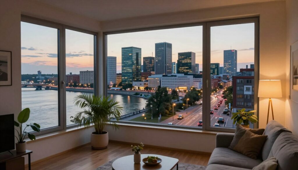 A tranquil urban scene showcasing two contrasting environments: in the foreground, a cozy apartment setting in Gdynia, featuring a stylish living room with large windows overlooking a serene waterfront, with a blend of plants and contemporary decor; in the middle ground, a busy Warsaw skyline with modern office buildings and bustling streets, conveying a sense of professional activity. The lighting is warm and inviting in Gdynia, while the Warsaw skyline is illuminated by the soft glow of evening lights. The shot is taken from a slightly elevated angle, providing a panoramic view. The atmosphere is harmonious, embodying the balance between personal tranquility and professional dynamism.