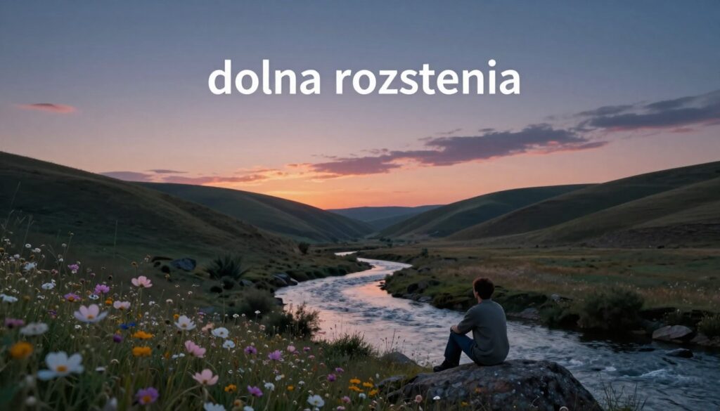 A tranquil valley at dusk, representing the "dolina rozstania" (valley of separation), with rolling hills and a winding river flowing gently through the center. In the foreground, delicate wildflowers in soft pastels bloom along the riverbank, symbolizing hope and healing amidst the sadness. The middle ground features a solitary figure sitting on a rock, dressed in modest casual clothing, gazing contemplatively at the water, embodying introspection and the emotional journey of a breakup. The background showcases a gradient sky transitioning from deep blue to warm orange and pink hues, with wispy clouds reflecting the light of the setting sun. The overall atmosphere is serene, evoking a sense of both melancholy and peace, inviting viewers to reflect on the stages of grief related to separation. Soft, natural lighting enhances the mood, creating a soothing yet poignant scene. A tranquil valley at dusk, representing the "dolina rozstania" (valley of separation), with rolling hills and a winding river flowing gently through the center. In the foreground, delicate wildflowers in soft pastels bloom along the riverbank, symbolizing hope and healing amidst the sadness. The middle ground features a solitary figure sitting on a rock, dressed in modest casual clothing, gazing contemplatively at the water, embodying introspection and the emotional journey of a breakup. The background showcases a gradient sky transitioning from deep blue to warm orange and pink hues, with wispy clouds reflecting the light of the setting sun. The overall atmosphere is serene, evoking a sense of both melancholy and peace, inviting viewers to reflect on the stages of grief related to separation. Soft, natural lighting enhances the mood, creating a soothing yet poignant scene.