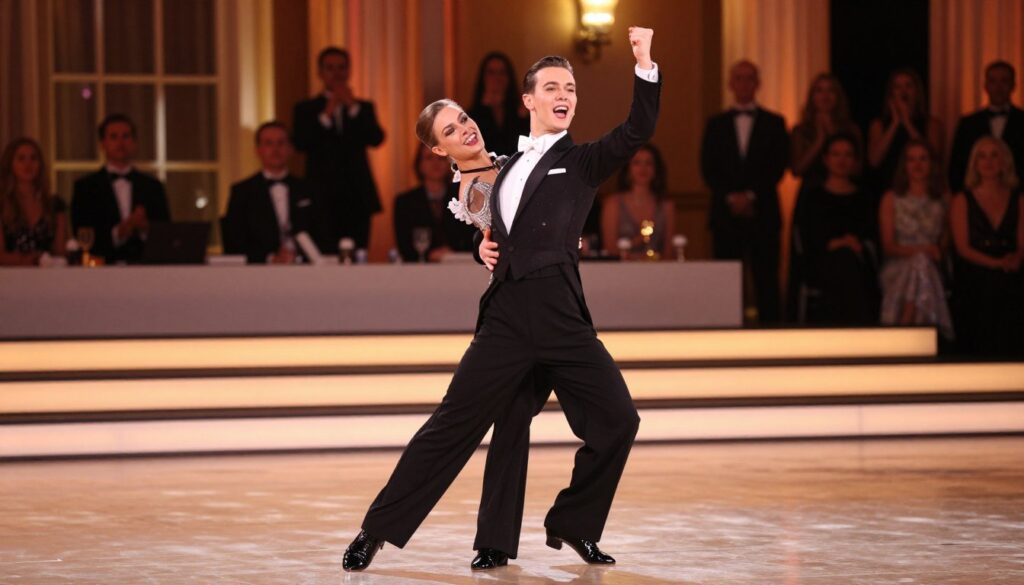 A vibrant and dynamic image of Filip Gurłacz, a young male dancer, showcasing his energy and enthusiasm after winning "Dancing with the Stars." In the foreground, he is dressed in a stylish tuxedo, striking a celebratory pose on a polished dance floor, radiating confidence and excitement. His hair is neatly styled, and he has a joyful expression on his face. The middle layer features an elegantly decorated ballroom filled with soft, warm lighting, highlighting a sense of achievement and glamour. In the background, blurred silhouettes of spectators show their admiration, adding to the lively atmosphere. Use a cinematic angle with a shallow depth of field to focus on Filip, capturing the mood of celebration and triumph. The overall ambience should be uplifting and inspiring, evoking the thrill of dance and success.