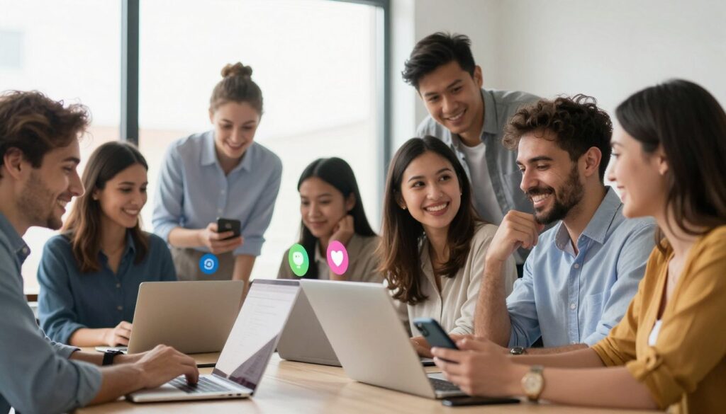 A vibrant and dynamic scene depicting online flirting in a modern office environment. In the foreground, a diverse group of professionals is gathered around a table, smiling and exchanging playful glances, engaged in light-hearted conversation while using their laptops and smartphones. The middle ground features social media icons subtly integrated into their devices, representing the online nature of the interaction. The background reveals a stylish office with large windows bathed in soft, natural light, creating a warm and inviting atmosphere. The mood is flirtatious yet professional, showcasing the fine line between friendly banter and misinterpretation. Capturing this moment with a shallow depth of field blurs the background slightly, emphasizing the engaged individuals, while warm lighting enhances the friendly ambiance.