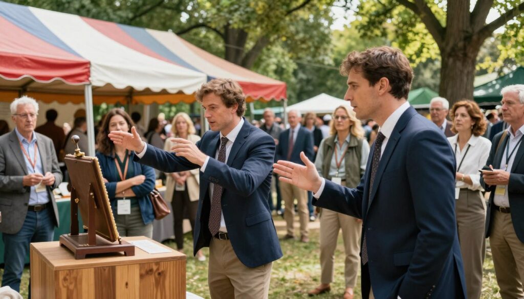 A vibrant auction scene showcasing treasure hunters in action, focused on an outdoor setting with a large, colorful auction tent. In the foreground, two treasure hunters—one man in a neatly tailored business suit and a woman in smart casual attire—are animatedly bidding on a vintage item displayed on a wooden pedestal. The middle ground features a diverse crowd of intrigued bidders, capturing their expressions of excitement and curiosity. In the background, the enchanting setting of a park with lush green trees and scattered sunlight filtering through the leaves creates a warm, inviting atmosphere. The scene is illuminated with soft, natural lighting, emphasizing the thrill of the auction while retaining a professional and polished feel. The camera angle is slightly elevated, capturing the energetic vibe of the event.