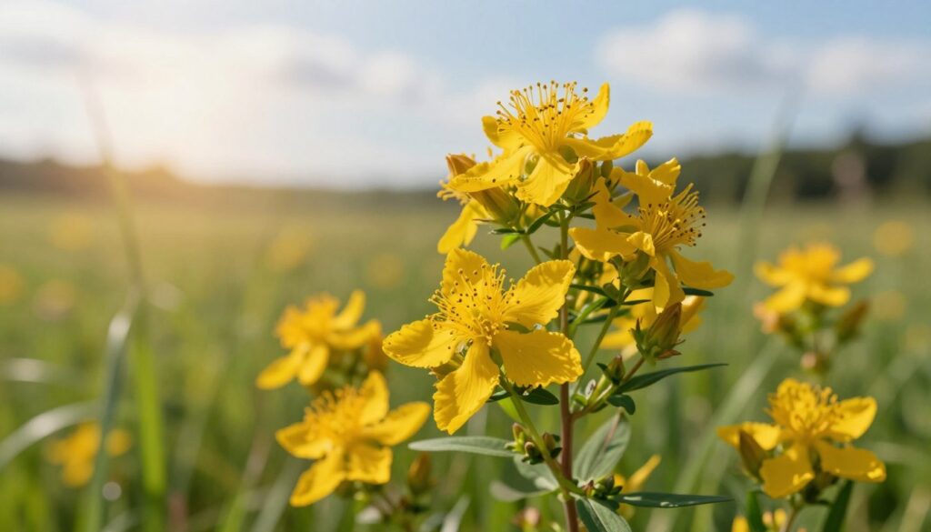 A vibrant image of St. John's Wort (Hypericum perforatum), widely known as "dziurawiec zwyczajny", in a natural setting. In the foreground, display a lush cluster of bright yellow flowers with intricate black dots on the petals, surrounded by fresh green leaves. The middle ground features a soft-focus background of a serene meadow, with gentle sunlight filtering through a few wispy clouds, casting a warm, inviting glow. The atmosphere should evoke a sense of calm and healing, ideal for illustrating the herb's use in relieving mood disorders. Incorporate soft shadows and slight bokeh effects to enhance the natural beauty. Use a close-up angle to emphasize the flower's details and textures.