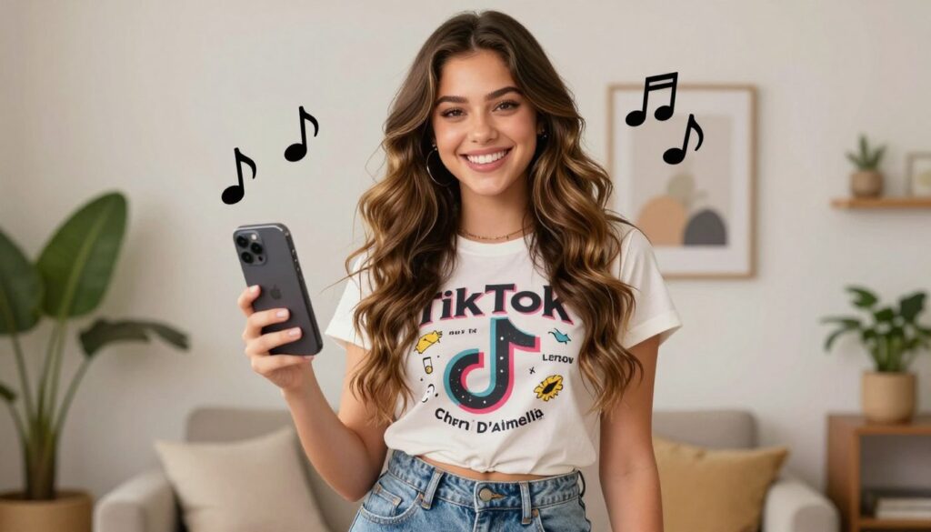 A vibrant portrait of Charli D'Amelio, a popular TikTok star, exuding youthful energy. She is dressed in a stylish, modest casual outfit that reflects modern teen fashion, incorporating a trendy graphic tee and high-waisted jeans. Charli's hair is styled in long, flowing waves, and she has a bright smile, engaging the audience with her lively personality. Foreground: Charli is positioned at the center, exuding confidence and warmth. Middle: Subtle hints of her TikTok fame, like a smartphone in her hand with music notes subtly illustrated around it. Background: A cozy, aesthetically pleasing indoor space, filled with soft lighting, decorative plants, and trendy decor, suggesting a glimpse into her lifestyle. Mood: The image evokes a cheerful, relatable feel, celebrating her status as a global influencer.