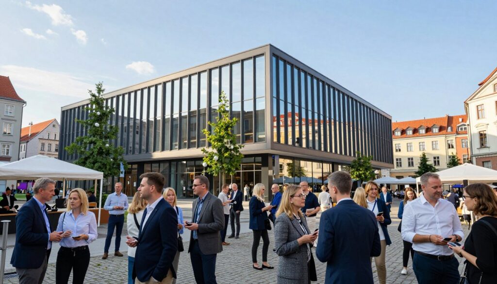 A vibrant urban scene of Włocławek showcasing its cultural activity center. In the foreground, a diverse group of people dressed in business casual attire are engaging in discussions and enjoying the lively atmosphere. The middle ground features a modern architectural design of the activity center, with large glass windows reflecting the sunlight and greenery around it. The background includes a scenic view of Włocławek's historic buildings under a clear blue sky. Soft, natural lighting enhances the welcoming mood, while a slightly low angle captures the grandeur of the center, inviting viewers to immerse themselves in this dynamic hub of activity. Focus on clarity and detail to evoke a sense of community and engagement.
