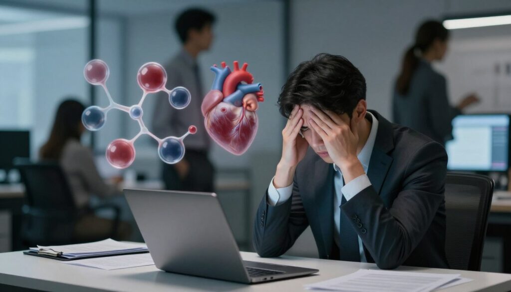 A visual representation of stress's impact on cholesterol levels, focusing on a human figure in a professional business outfit, appearing contemplative while surrounded by common stress elements. In the foreground, the individual sits at a desk with a laptop, papers scattered about, looking overwhelmed but determined. The middle layer features a conceptual illustration of cholesterol molecules and a heart, subtly integrated into the background, hinting at the physiological effects of stress. Use soft, dim lighting to create a moody atmosphere, with shadows accentuating the stress elements. The background shows a busy office setting with blurred figures representing a bustling environment, emphasizing the chaotic nature of modern life.