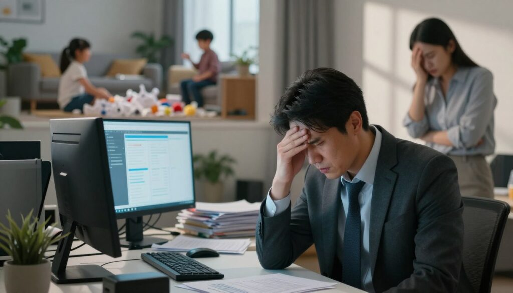 A visual representation of the common causes of chronic stress in work and personal life. In the foreground, depict a stressed professional in a modern office environment, wearing business attire, with tense body language and a furrowed brow. In the middle ground, show a chaotic workspace, scattered papers, and a glowing computer screen, symbolizing overwhelming tasks. In the background, include a split scene of home life, with a cluttered living room, children playing demanding attention, and an anxious parent juggling responsibilities. Soft, natural lighting filters through a window, casting gentle shadows, creating a slightly chaotic yet relatable atmosphere. The overall mood is one of tension and pressure, capturing the essence of chronic stress without any text or overlays.