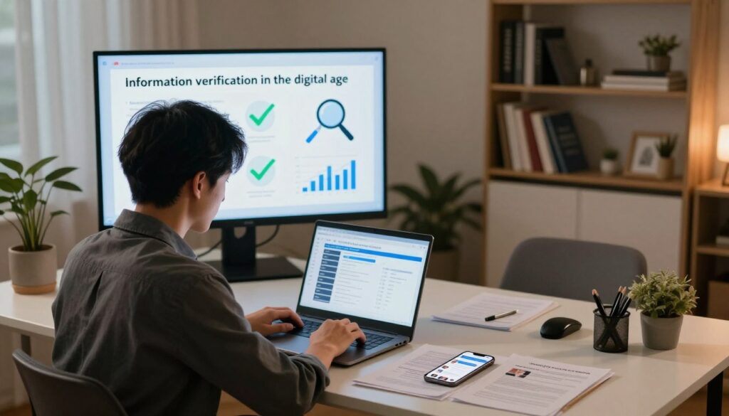 A visually engaging and professional scene illustrating the concept of "information verification in the digital age." In the foreground, an individual dressed in smart casual attire sits at a modern desk, working intensely on a laptop, surrounded by documents and a smartphone displaying social media feeds. In the middle ground, a large screen displays analytical graphs and icons representing data verification tools, such as checkmarks and magnifying glasses. The background features a cozy, well-lit home office setup with shelves of books about media literacy and ethics. The lighting is soft yet focused, creating a calm and focused atmosphere, with warm tones suggesting a sense of credibility and trust. The camera angle is slightly elevated, providing a comprehensive view of the workspace, conveying the dedication to uncovering accurate information.