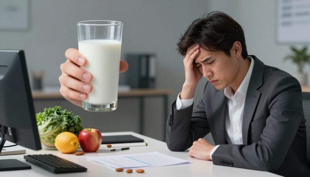 A visually striking illustration depicting symptoms of low calcium levels, subtly blending with signs of stress. In the foreground, a person dressed in professional business attire sits at a cluttered desk, showing signs of fatigue and anxiety, with furrowed brows and a tense posture. The middle section features a close-up of a hand holding a glass of milk, symbolizing calcium, while scattered around are vibrant fruits and vegetables rich in calcium, like kale and almonds. In the background, a dimly lit office with soft shadows casts an atmosphere of stress, emphasizing a contrast between the calmness of a healthy diet and the tension of work pressure. The overall mood should evoke a sense of urgency and mixed emotions related to health and stress management. Use soft, diffused lighting to highlight the subjects emotionally.