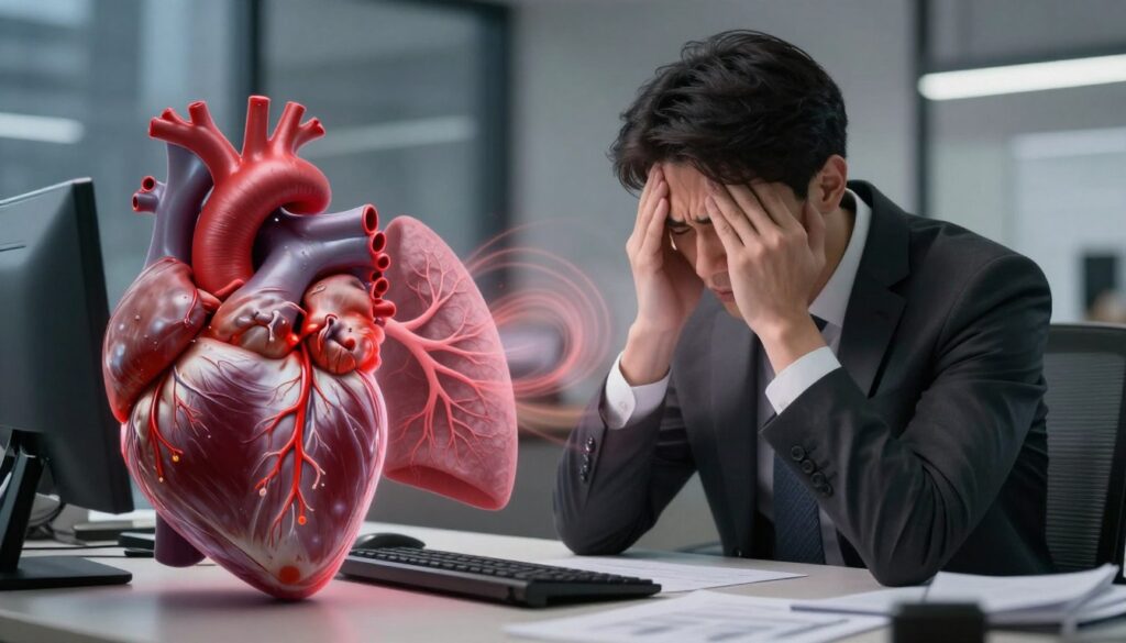 A visually striking illustration depicting the impact of stress on the circulatory and respiratory systems. In the foreground, a heart is portrayed under strain, visibly thumping, with blood vessels exhibiting increased pressure, showing pulsating red hues. Beside it, stylized lungs expand and contract, illustrating shortness of breath through dynamic swirling shapes, suggesting constriction. In the middle ground, a human figure, dressed in professional business attire, sits at a cluttered desk with furrowed brows and tense posture, capturing the essence of stress. The background features a blurred urban office environment, with harsh lighting emphasizing a sense of urgency and anxiety. The atmosphere is tense and evocative, visually conveying the physical manifestations of stress on the body.