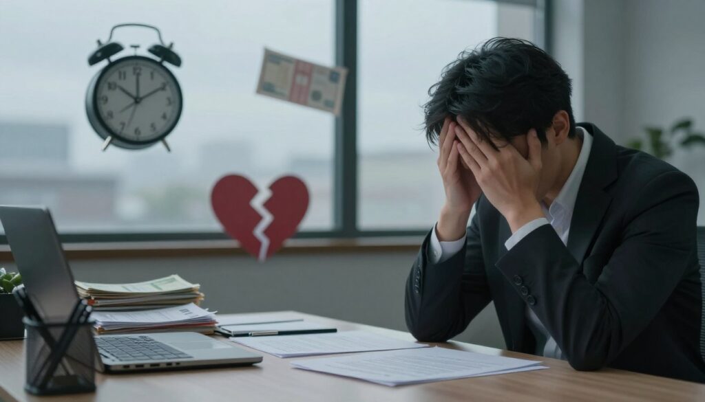 A visually striking image illustrating the causes of depression, showing a calm, introspective individual in a modern office environment, dressed in professional business attire. In the foreground, the individual sits at a desk cluttered with papers representing stress and confusion. In the middle ground, subtle shadows and muted colors depict various stress factors: a ticking clock symbolizing time pressures, a stack of bills indicating financial burdens, and a broken heart to represent relationship issues. In the background, a window reveals a gloomy, overcast sky reflecting the internal struggle. Soft, diffused lighting creates a somber yet contemplative mood, focusing on the complexity of mental health. The angle is slightly tilted to evoke unease and introspection, emphasizing the overlapping risk factors of depression.