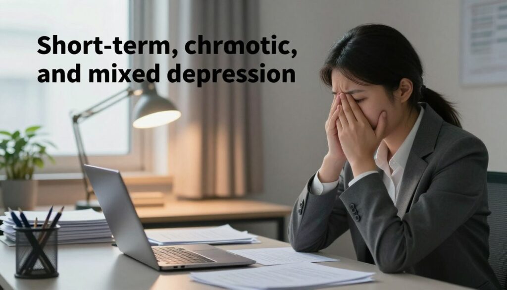 A visually striking image illustrating the concept of "short-term, chronic, and mixed depression." In the foreground, depict a thoughtful individual, dressed in professional business attire, seated at a desk cluttered with papers and a laptop, reflecting deep contemplation. The middle ground features a serene office environment with soft lighting that conveys a sense of introspection, such as a warm desk lamp casting a gentle glow. In the background, a window with curtains slightly drawn allows diffused natural light to stream in, symbolizing hope and clarity. The overall mood should be a juxtaposition of seriousness and tenderness, capturing the complexity of depression's nuances, with an emphasis on professionalism and subtlety, avoiding any stark or harsh imagery.