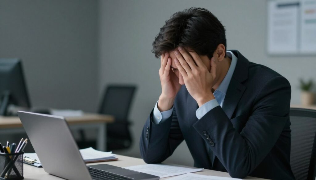 A visually striking representation of an individual experiencing acute stress response transitioning into signs suggestive of PTSD. In the foreground, a young adult, dressed in professional business attire, sits at a desk, head in hands, their expression a mix of anxiety and introspection. In the middle ground, subtle hints of a cluttered workspace highlight the pressures of daily life, with documents and a laptop. The background features a blurred office environment, portraying a sense of isolation. Soft, diffused lighting creates an atmosphere of tension, with shadows hinting at the emotional weight carried. The overall mood is somber yet reflective, capturing the internal struggle and the complex journey from acute stress to the risk of developing PTSD.