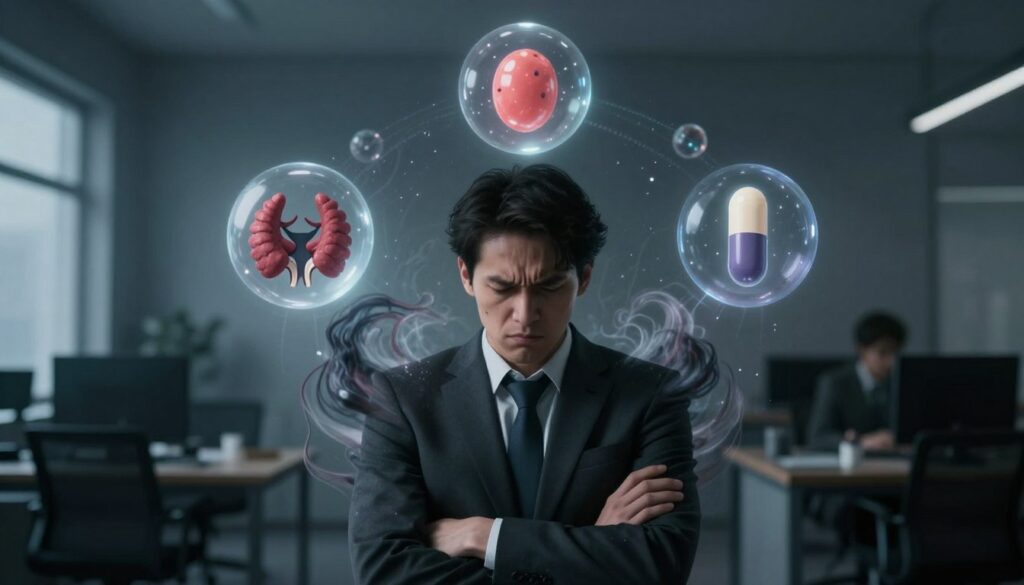 A visually striking representation of "chronic stress," showcasing an abstract concept of stress impacting hormonal balance. In the foreground, a figure in a professional business attire appears tense, with a furrowed brow and crossed arms, surrounded by swirling, dark energy that symbolizes stress. In the middle ground, various hormone symbols—cortisol, thyroid, and prolactin—float like ethereal orbs, each glowing gently to signify their importance in the body. The background features a dimly lit office environment with shadows casting a sense of unease. The overall color scheme is cool-toned with deep blues and muted grays, conveying a somber, reflective mood. Soft, diffused lighting highlights the figure while enhancing the eerie atmosphere of stress and hormonal imbalance. A visually striking representation of "chronic stress," showcasing an abstract concept of stress impacting hormonal balance. In the foreground, a figure in a professional business attire appears tense, with a furrowed brow and crossed arms, surrounded by swirling, dark energy that symbolizes stress. In the middle ground, various hormone symbols—cortisol, thyroid, and prolactin—float like ethereal orbs, each glowing gently to signify their importance in the body. The background features a dimly lit office environment with shadows casting a sense of unease. The overall color scheme is cool-toned with deep blues and muted grays, conveying a somber, reflective mood. Soft, diffused lighting highlights the figure while enhancing the eerie atmosphere of stress and hormonal imbalance.