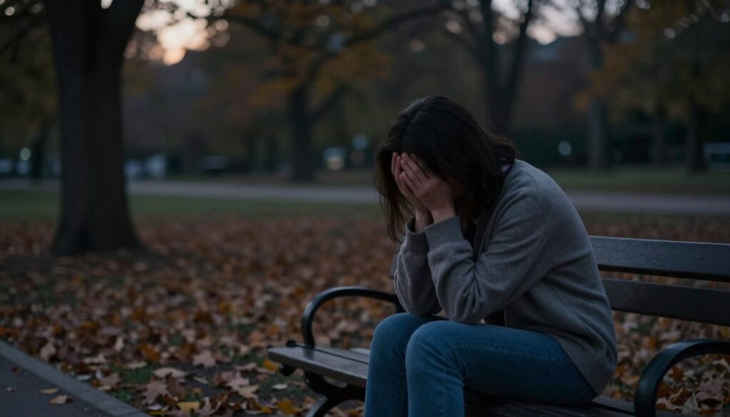 A visually striking representation of depression symptoms, featuring a person sitting alone on a bench in a dimly lit park during twilight. The foreground shows the individual with a downcast expression, wearing modest casual clothing, their posture reflecting sadness and isolation. In the middle ground, soft, muted colors dominate, with scattered autumn leaves, symbolizing change and loss. In the background, shadows of trees create an atmosphere of solitude, while faint light peeks through the branches, hinting at hope. The overall mood is somber yet contemplative, evoking empathy and understanding. The scene captures the essence of shared struggles, focused on conveying deep emotional weight without any text or distractions.